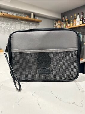 VERSACE Parfums Black & Gray Mesh Detail Travel Toiletry Bag / Pouch